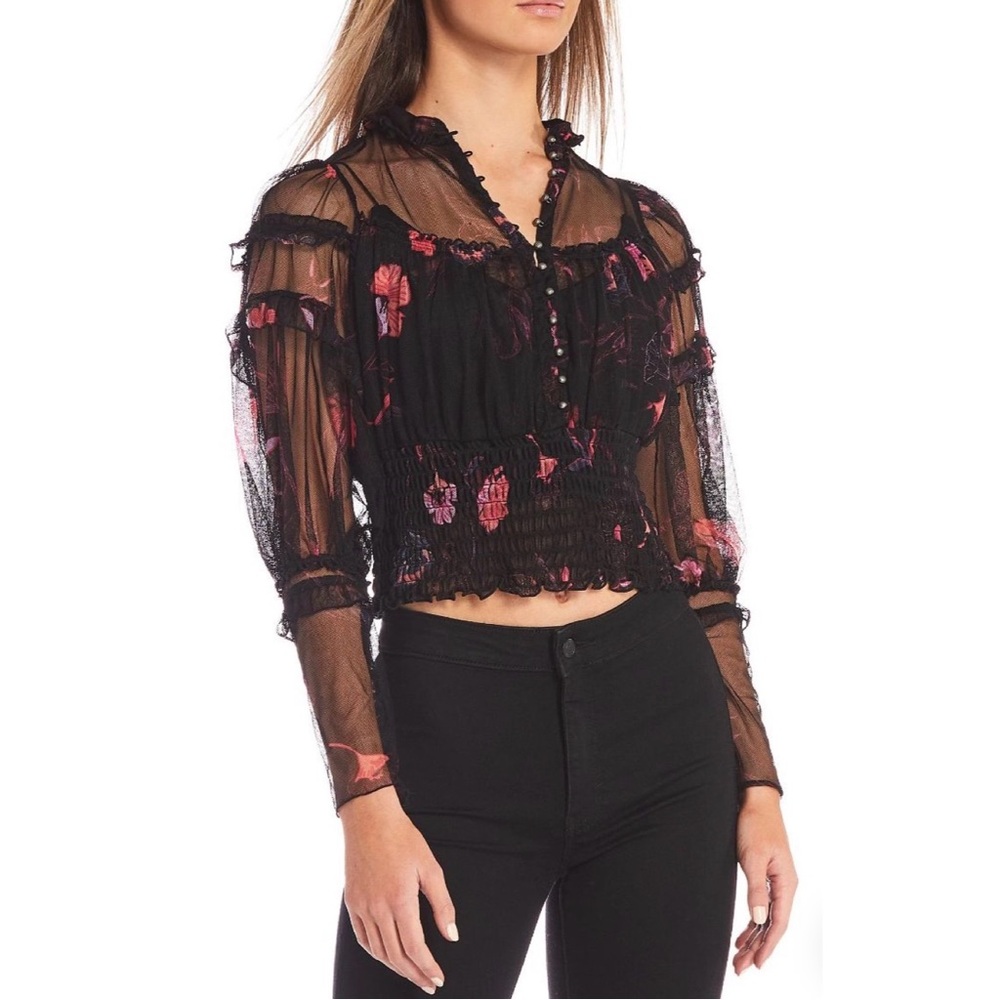 NWT Free People Time For Shine Sheer Pink Black Dark Romance Blouse Sz Small